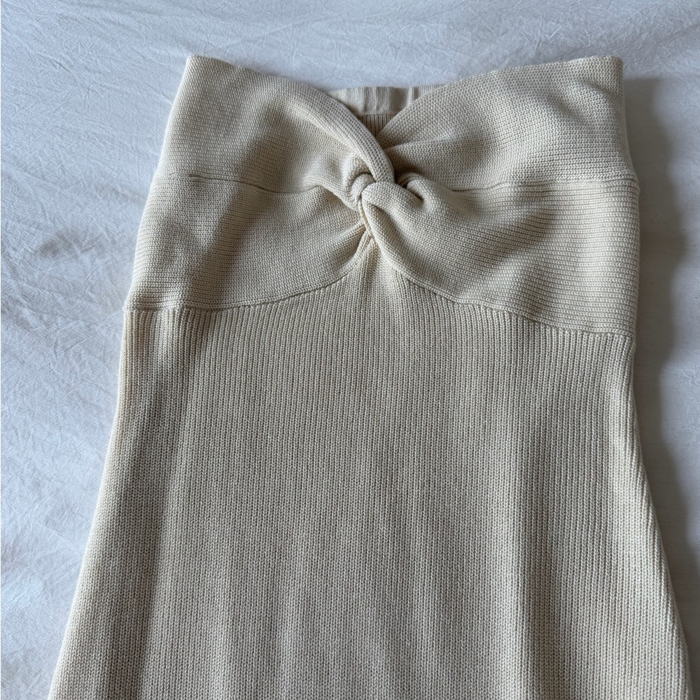 Beige Knit Twist-Front Midi Skirt